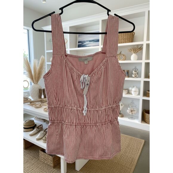 LOFT Red White Striped Sleeveless Top Size M - NWT Nautical Peplum - Picture 1 of 8